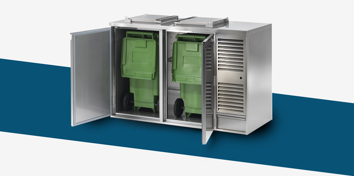Konfiskatkühler 2-Fach aus Edelstahl mit 120L und 240L Mülltonnen – professionelle Abfallkühlung für Gastronomie und Industrie