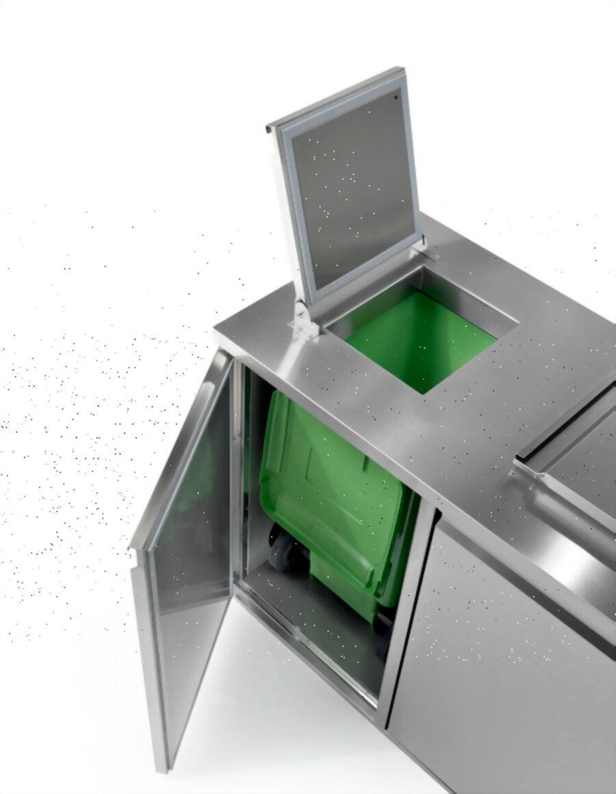 Einwurfklappe eines Konfiskatkühlers – CNS-Edelstahlschacht mit Magnetdichtung und Mülltonne im Detail