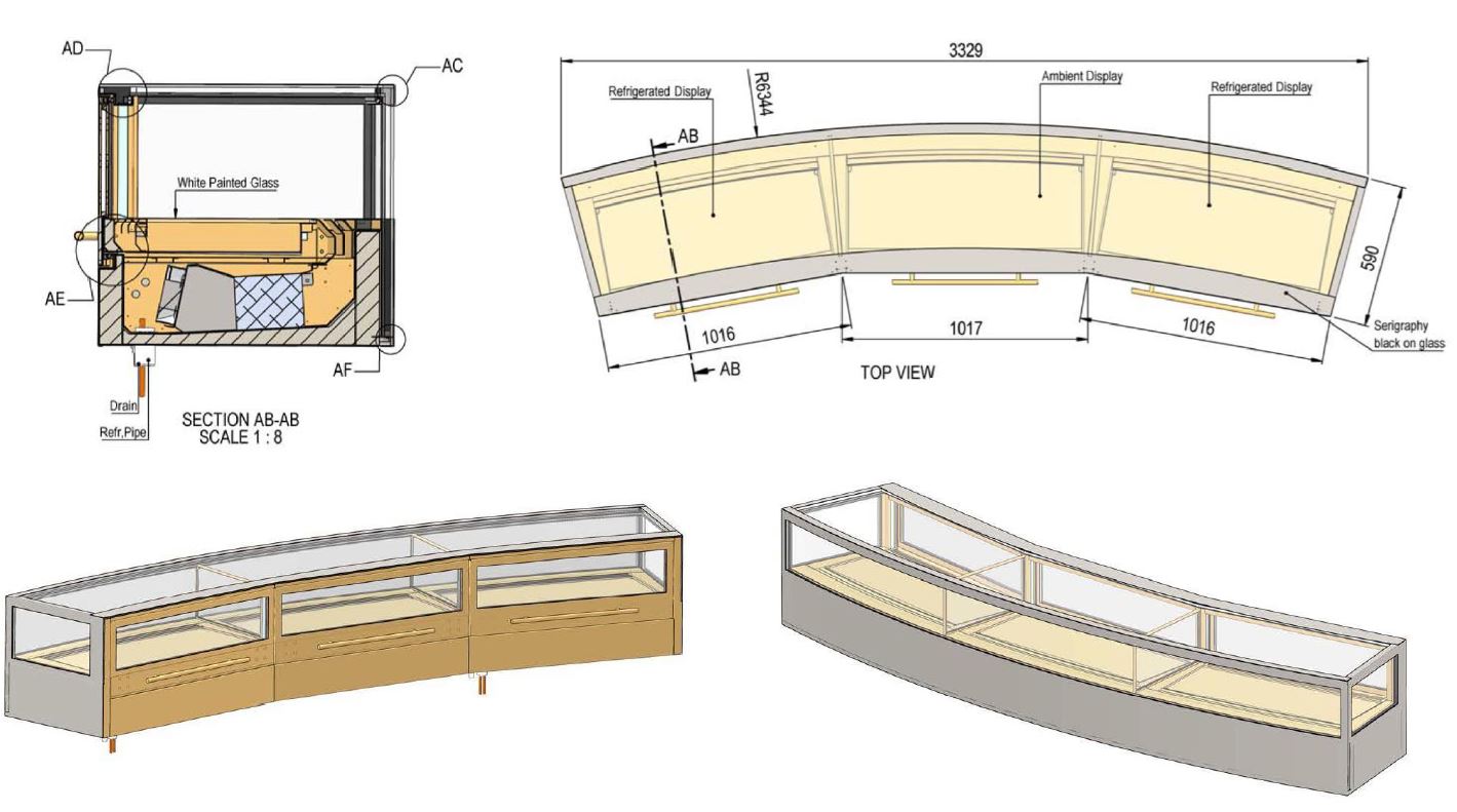 Technische Planzeichnung Kühlvitrine – Frontansicht mit Verglasungsdetails und Anschlussmaßen