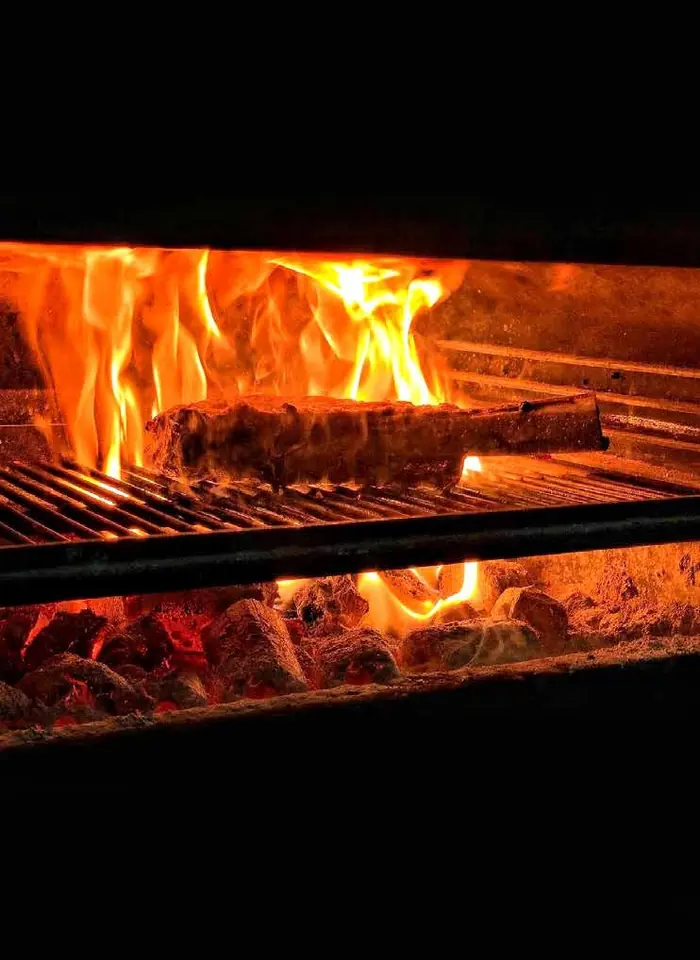 Blick in die Garkammer eines KOPA Holzkohleofens mit Steak über der Glut