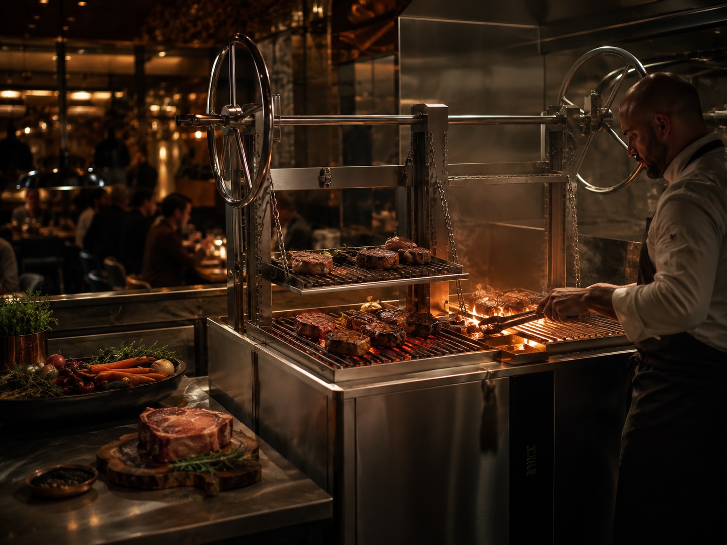 Koch am KOPA Parilla Grill – offenes Kohlebett mit höhenverstellbarem Rost im Show-Cooking
